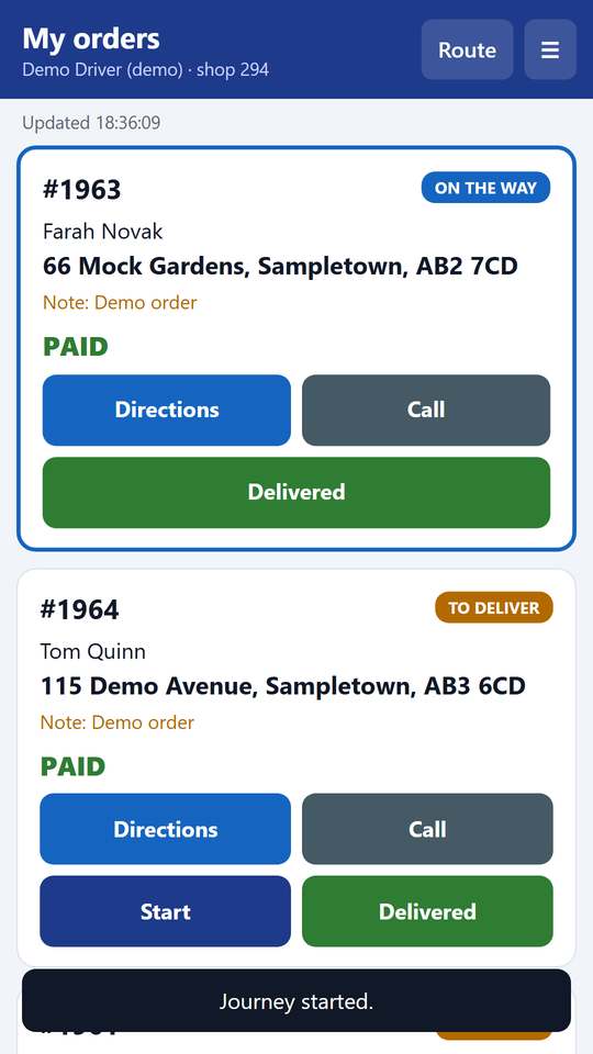 Driver app after tapping Start, showing the message Journey started