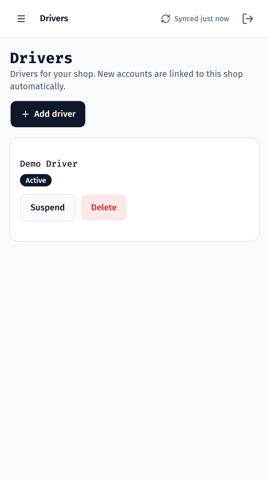 RamTD Merchant Drivers page where the owner adds and suspends drivers