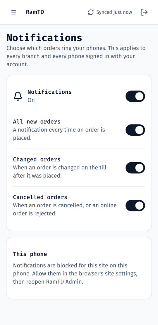 Notification settings with switches for all new orders, changed orders and cancelled orders