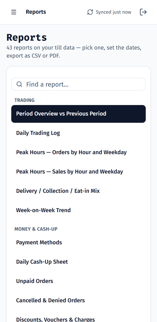 Reports list: 43 reports grouped into trading and money, with a search box