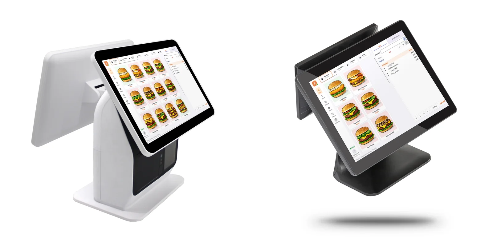 RamTD EPOS terminals in white and black, both showing the RamTD burger menu