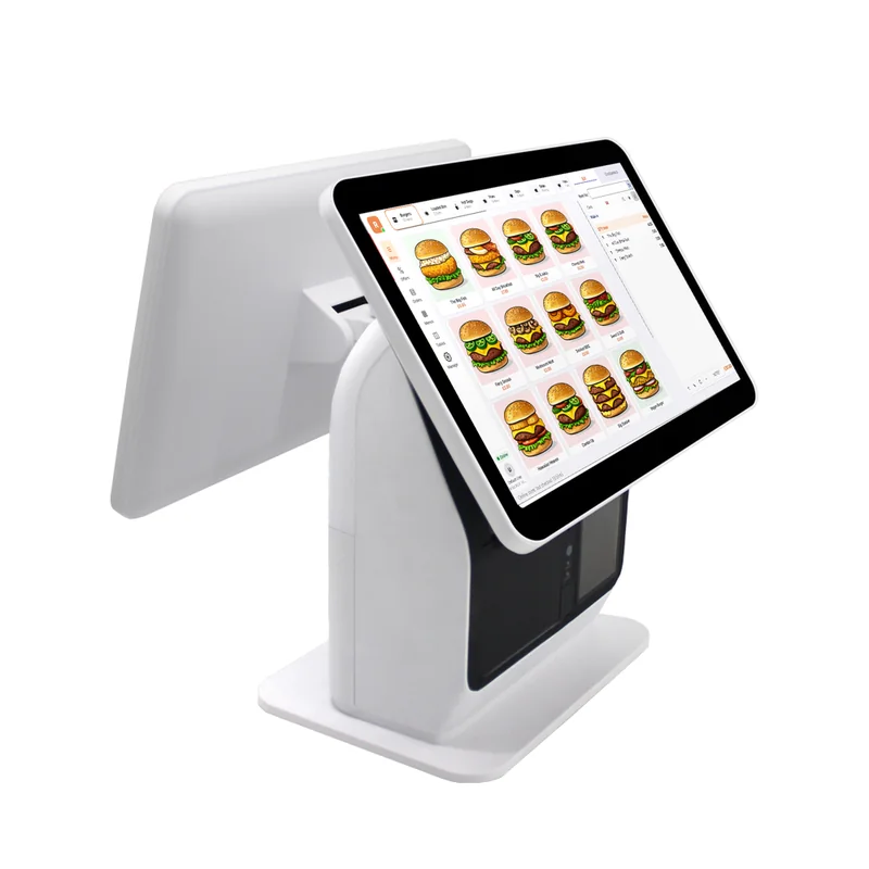 White dual-screen RamTD EPOS terminal showing the burger menu
